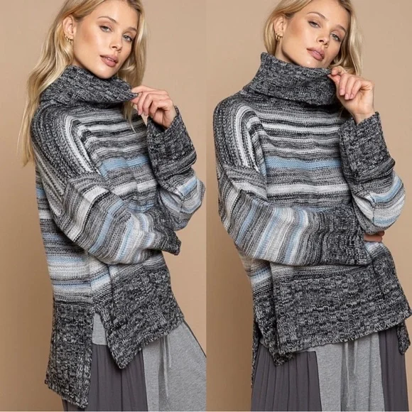 POL Cozy Luxe Heather Grey Striped Turtleneck Sweater Casual Chic Essential - Picture 4 of 7